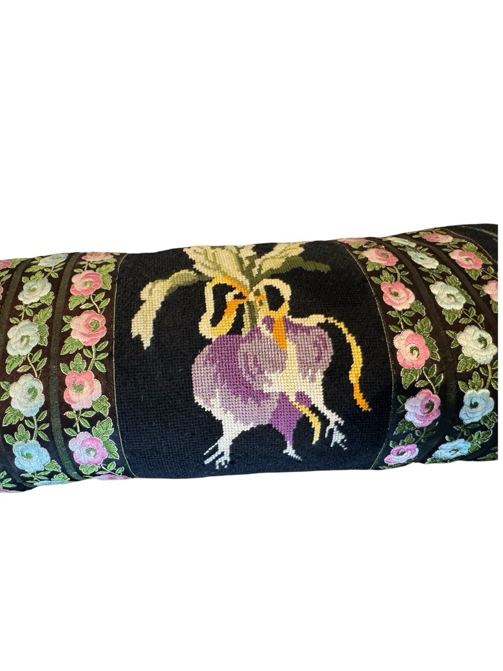 Embroidered Floral Bolster Pillow with Tassels - Botanical Garden Cottagecore - Picture 4 of 8